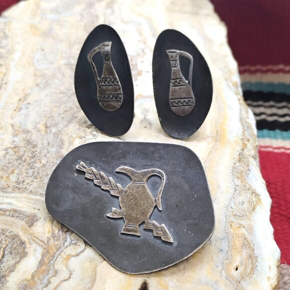 Vtg Judaica Israel 925 Sterling Silver Set Brooch/Pendant & Clip Earrings - Picture 1 of 12